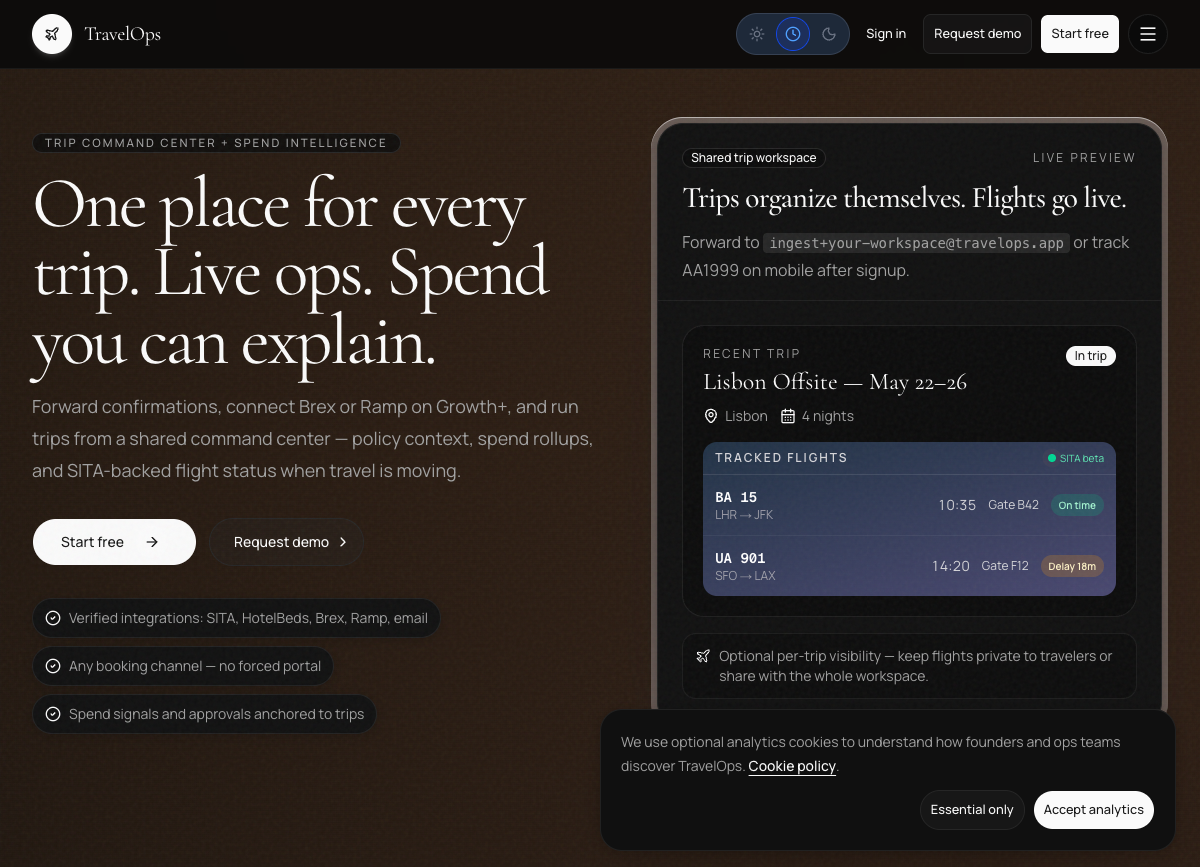 TravelOps home screen with trip operations and team workflows.